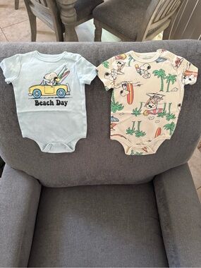 Peanuts Baby One-Piece Bodysuits in Light Blue and Cream Beach Print